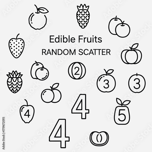 Clean line art vector graphics showcasing a delightful mix of common fruit outlines and numerical figures, ideal for various design concepts and educational materials