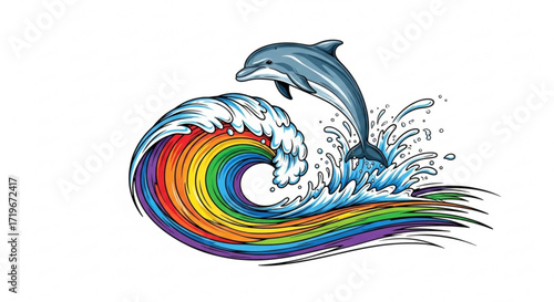 A playful dolphin leaps over a vibrant rainbow wave, , symbolizing joy, freedom, and the beauty of marine life and natures spectrum