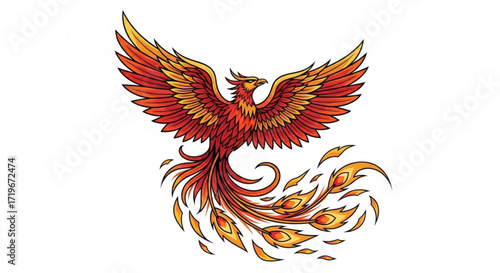 A majestic phoenix rises with fiery wings, , embodying rebirth, resilience, and the transformative power of overcoming adversity