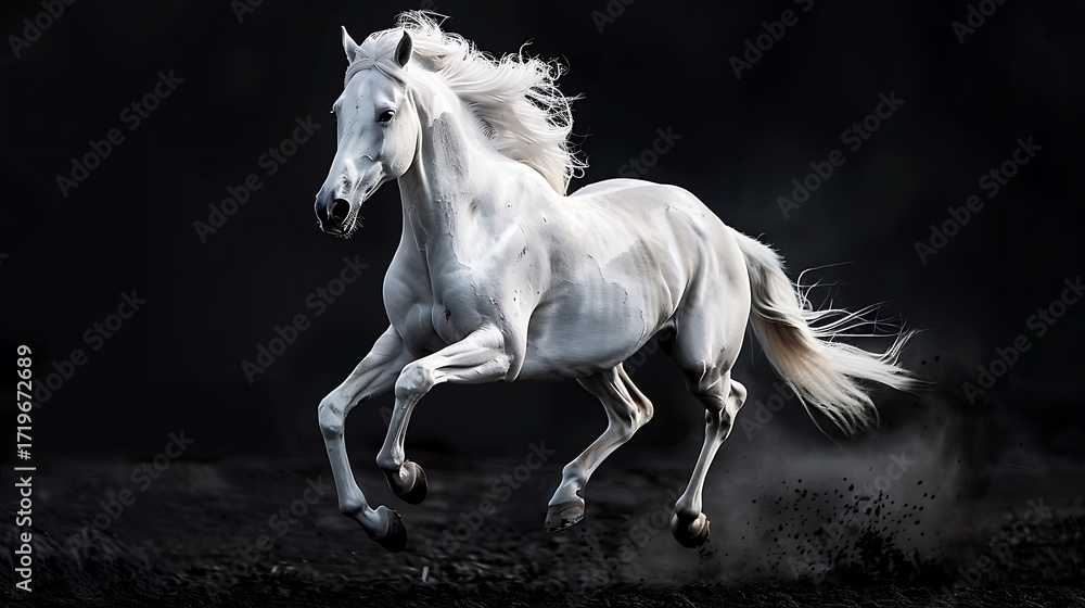 Naklejka premium Unbridled White Horse Gallop Dark Dramatic Backdrop