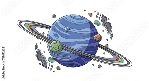 Illustration of a blue planet with rings and asteroids, perfect for space exploration, astronomy, or sciencethemed projects
