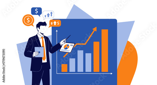 Businessman giving a presentation about financial growth and business strategy to increase profits