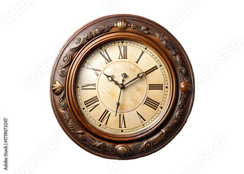 Antique wooden wall clock with Roman numerals and ornate frame time vintage isolated on a transparent background