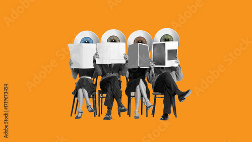 Graphic composition. Four seated figures with eyeball heads reading newspapers on orange background. Concept of media critique, cultural satire, collective observation, and social awareness.