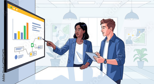 Animated business presentation with diverse colleagues analyzing data on a large screen