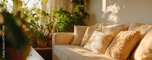 A sunlit living room interior showcases a light beige sofa adorned with various throw pillows, bathed in the warm glow of natural light filtering through a window filled with lush greenery.