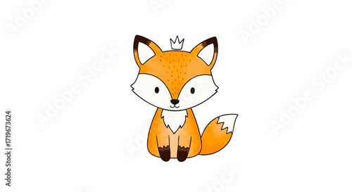 Illustration of a cartoon fox wearing a crown, sitting upright with a friendly expression, showcasing vibrant orange fur and white accents