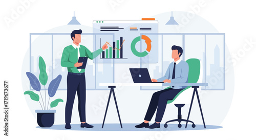 Business presentation with a man presenting charts and graphs to his colleague in office
