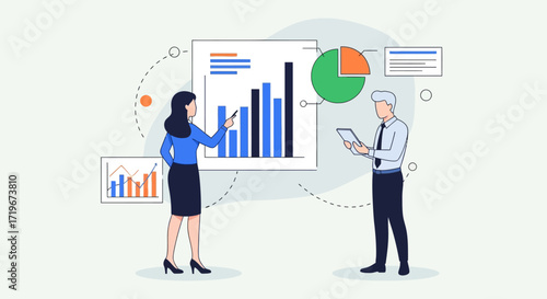 Business presentation with charts and graphs illustrates teamwork and strategy success