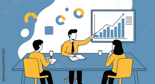 Illustration showcasing a business presentation meeting with rising graph analysis and teamwork