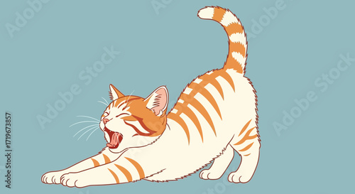 Cartoon orange tabby cat stretching and yawning on a plain blue background design