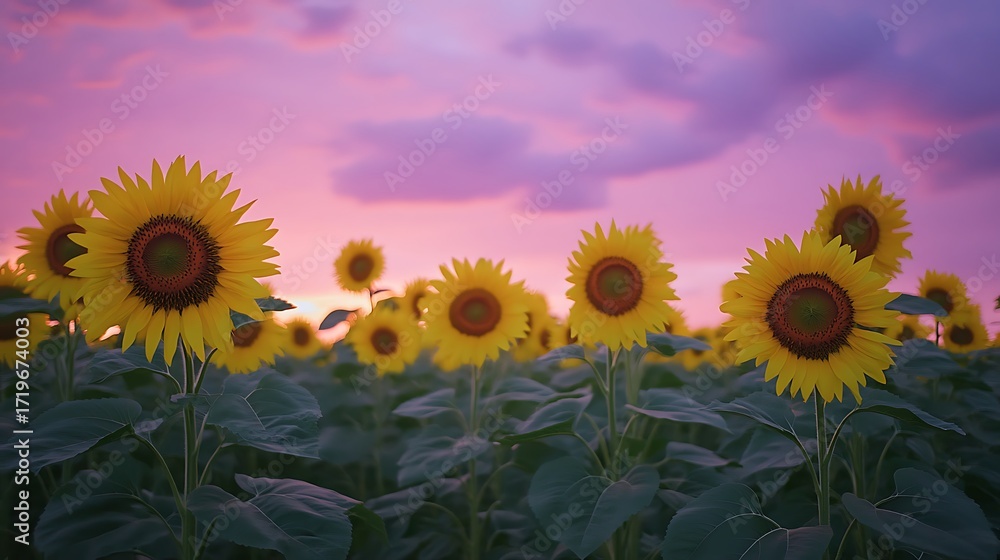 Obraz premium Vibrant Sunflower Field Pink Purple Twilight