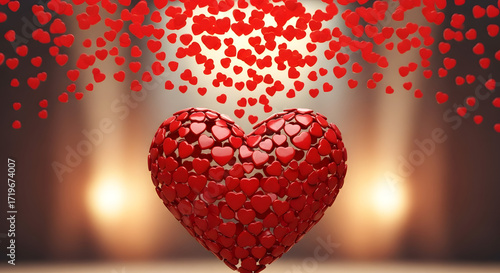 Giant heart sculpture showered with falling red hearts