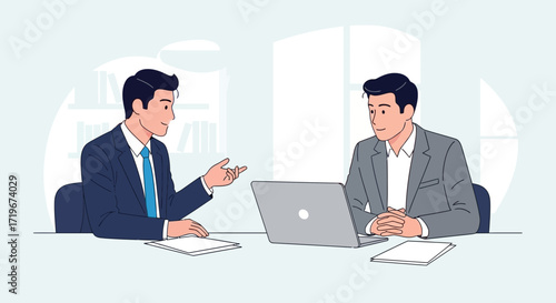 Two businessmen discussing project strategy in office meeting with laptop discussion and paperwork