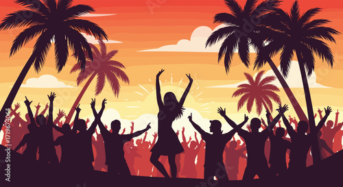 A vibrant silhouette crowd dances joyfully under palm trees during a breathtaking sunset party.