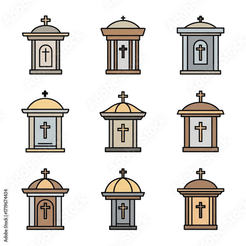 Collection of Nine Colorful Columbarium Icons with Crosses and Simple Design.