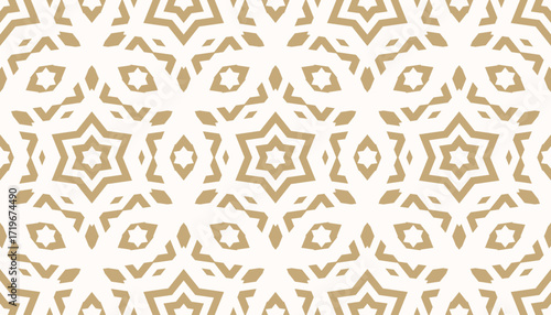 Luxury golden vector ornamental seamless pattern. Gold and white abstract floral geometric background texture with stars, diamonds, grid, lattice. Stylish ornament in oriental style. Repeating design