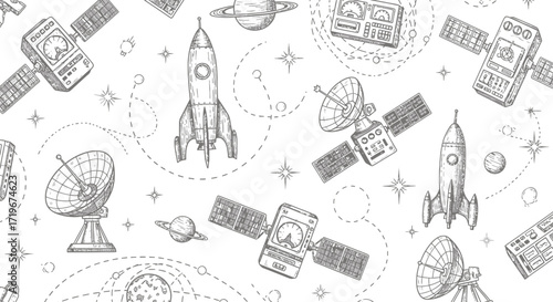 Detailed Hand-Drawn Space Exploration Elements with Rockets, Satellites, and Planets.