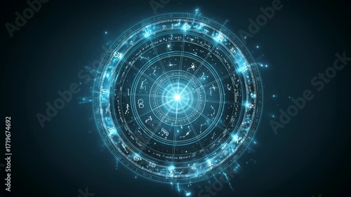 Zodiac and Prediction concept ,mystic blue zodiac circle astrology wheel glowing cosmic mystical futuristic chart sparkling