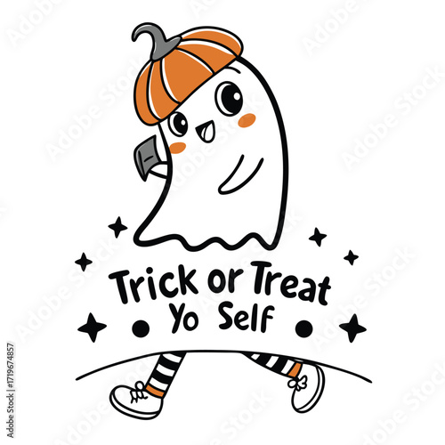 Ghost wearing a pumpkin hat trick or treating yo self
