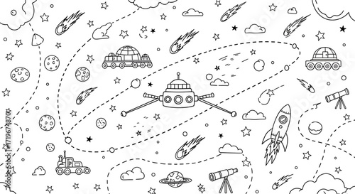 Whimsical Black and White Space Exploration Doodle with Planets and Rockets