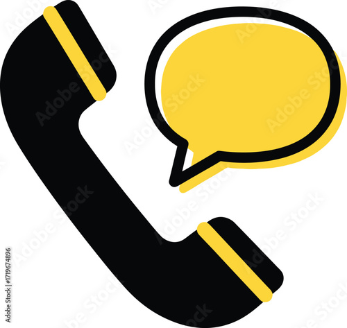 Black telephone handset with a yellow speech bubble icon