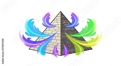 An artistic pyramid with vibrant, colorful smoke emanating from its sides, creating a captivating visual