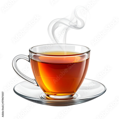 Steaming Hot Tea in Transparent Glass Cup, Front View, Isolated on Transparent Background