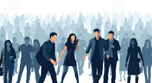 A diverse group of people walking together in a crowd outdoors.