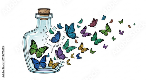 A captivating illustration of butterflies escaping from a broken jar, , representing freedom, transformation, and the release of potential