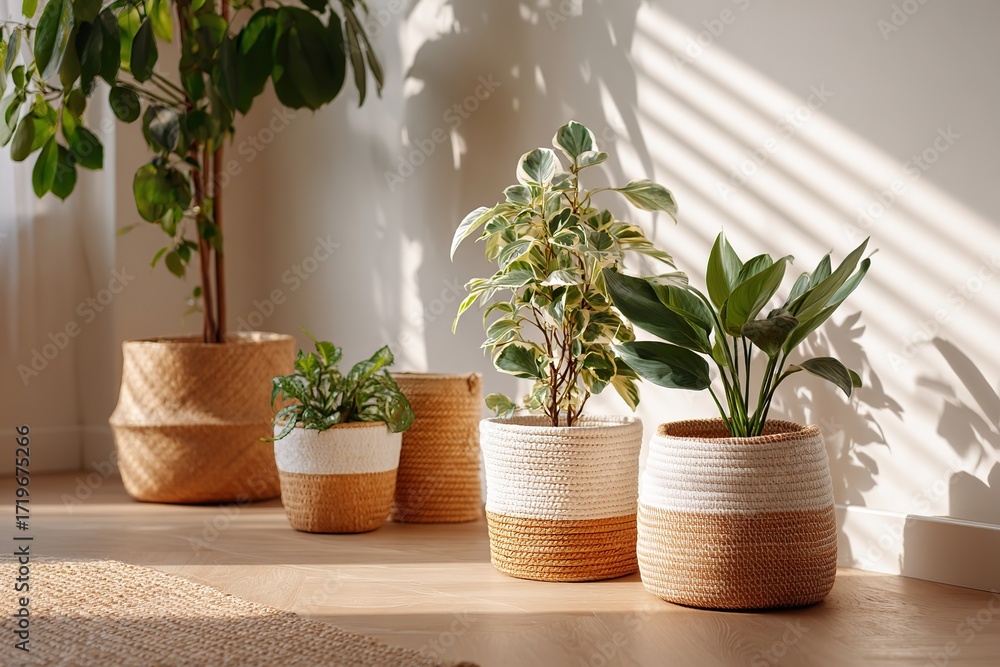 Fototapeta premium Cozy indoor plants in woven baskets