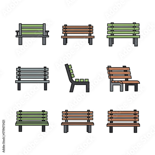 Collection of Park Benches Green Brown and Gray Wooden Seats with Black Outlines.
