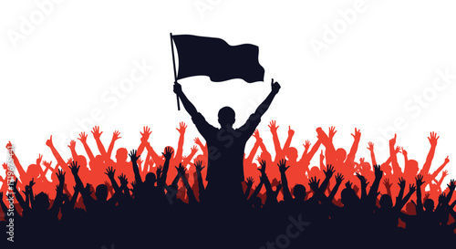 A silhouette of a person holding a flag high above a cheering crowd of many people raising their arms in celebration of a victory or a successful event.