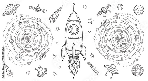 Detailed Black and White Space Illustration Featuring Rocket, Planets, and Stars
