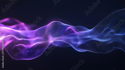Futuristic digital wave of purple and blue glowing particles on dark background with dynamic flowing pattern, generative AI