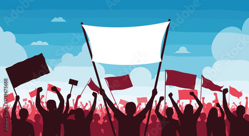 A group of protesters raising their hands and holding flags during a demonstration.