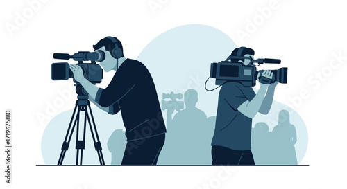 Two camera operators recording an event with a crowd in the background.