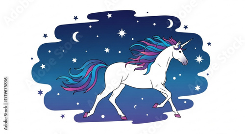 A graceful unicorn gallops beneath a starry night sky, its mane and tail flowing with vibrant hues