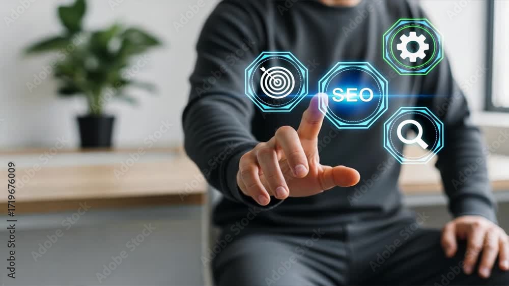 Man pointing futuristic seo holographic hexagons icons, ranking report and traffic growth themes
