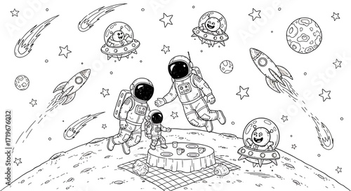 Lunar Picnic: Astronaut Family and Friendly Aliens Enjoying a Meal on the Moon