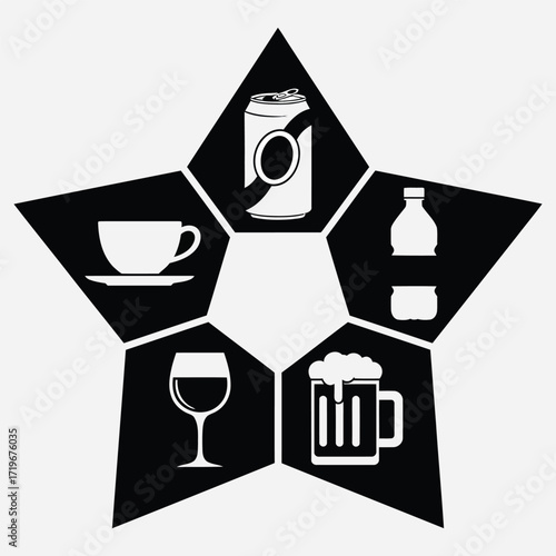 Diverse Beverage Assortment Displayed in a Modern Star-Shaped Graphic Design, Featuring Icons of Popular Drinks Like Coffee, Soda, Beer, and Wine