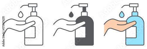 Disinfection soap with hand icons, wash and hygiene, hand soap sign, vector graphics, a linear pattern on a white background, eps 10.