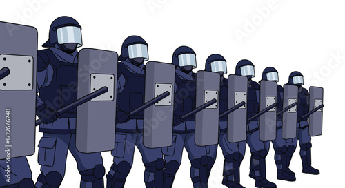 A formation of riot police officers in protective gear with shields and batons stand in a line.