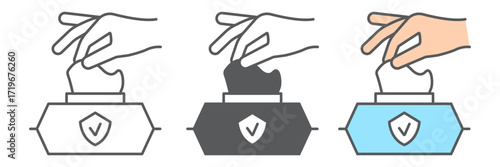 Hand pulling wet tissue icons, wash and hygiene, hand tissues sign, vector graphics, a linear pattern on a white background, eps 10.