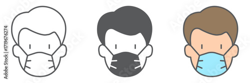 Man with medical mask icons, virus and flu, covid 19 sign, vector graphics, a linear pattern on a white background, eps 10.