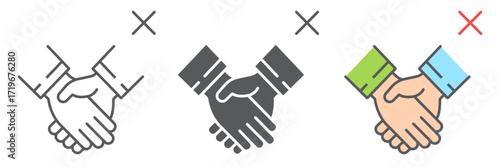 Don't handshake icons, coronavirus and microorganism, contagion handshake sign, vector graphics, a linear pattern on a white background, eps 10.