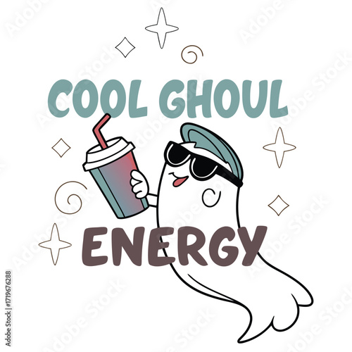 Ghost with sunglasses and drink and text ghoul cool