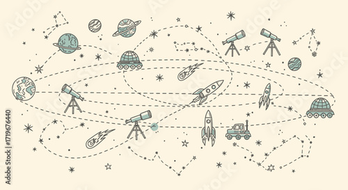 Whimsical Space Exploration Illustration Featuring Rockets, Telescopes, and Planets