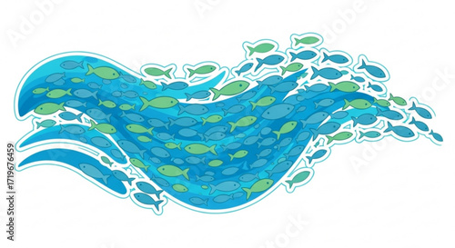 A vibrant school of fish swims together in a stylized wave, , creating a dynamic and colorful underwater scene illustration