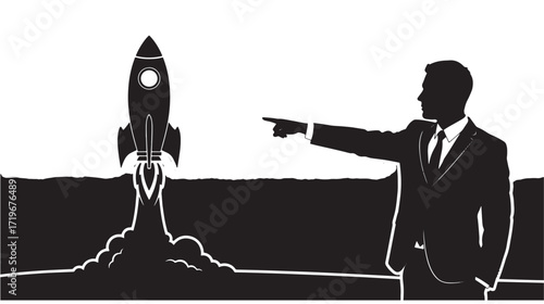 Businessman pointing at rocket launch Startup concept Black and white silhouette Vector illustration Isolated 